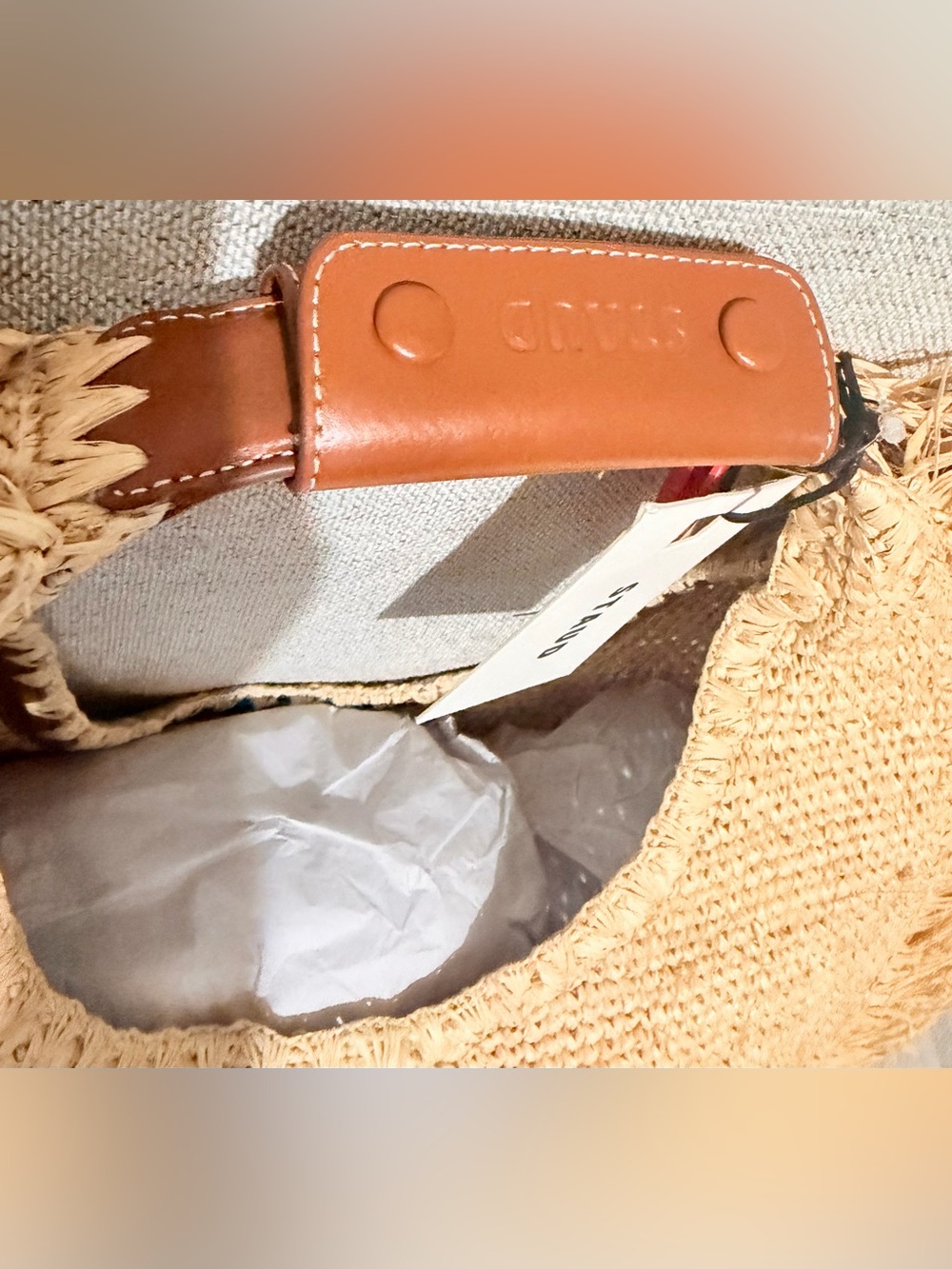 STAUD Natural Raffia Fringe Shoulder Bag with Brown Handle - Picture 5 of 7